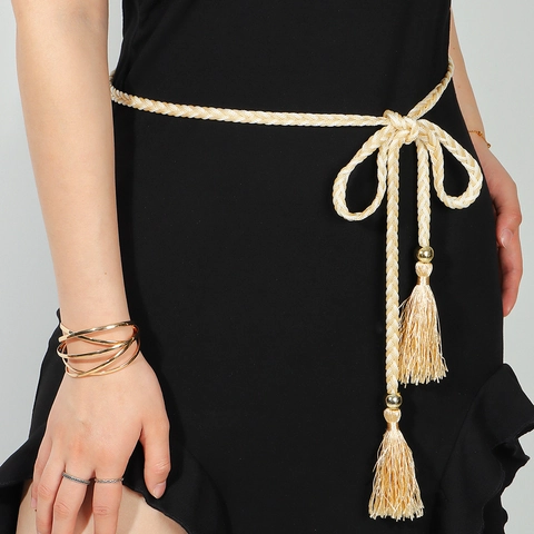 Dames Gevlochten Kwastje Taille Riem Touw Knoop Katoen Weven Tailleketting Boho Etnische Stijl Riem Voor Jurken Jeans