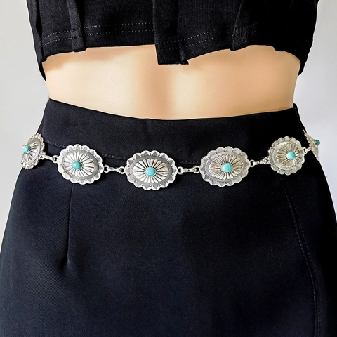 Catena da Vita in Metallo Retrò Bohémien per Donna Vintage Turchese Artificiale Intarsiato Raggi di Sole Floreale Cintura Regolabile
