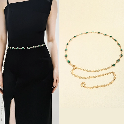 Women Elegant Alloy Metal Waist Chain Belt With Marquise Faux Gemstone Rhinestone Accents For Dresses Fashion Jewelry Gift