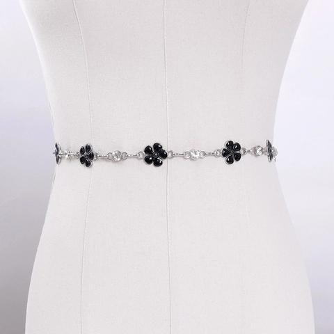 Elegante Catena da Vita in Metallo da Donna Fiore Smaltato Nero con Intarsio di Strass Cintura per Abito Argento Regolabile