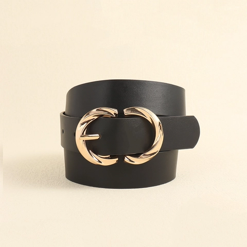 Damen Mode Schwarz PU Ledergürtel Gold Doppel Ineinandergreifende Kreisschnalle Casual Vielseitiger Hüftgurt Verstellbare Dornschließe Zubehör