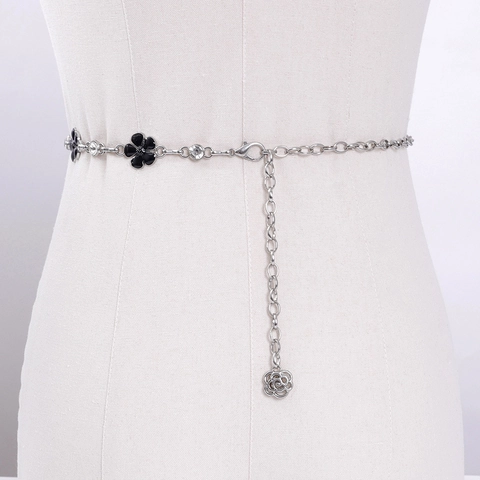 Elegante Catena da Vita in Metallo da Donna Fiore Smaltato Nero con Intarsio di Strass Cintura per Abito Argento Regolabile
