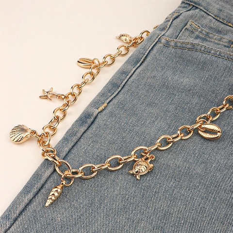 Catena per Pantaloni in Metallo Punk Con Ciondoli Conchiglia Stella Marina Tartaruga Oro Hip Hop Catena Decorativa per Jeans Gioielli da Vita da Spiaggia