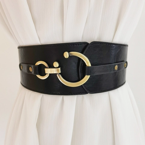 Cintura a Corsetto Elastica Retro da Donna Cintura Larga in Pelle PU Con Fibbia Rotonda in Metallo Oro Argento per Vestiti Cinturino alla Moda