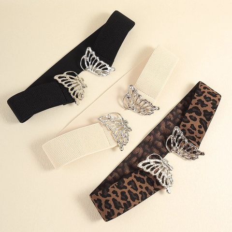Women's Elegant Hollow Butterfly Elastic Waist Belt Leopard Print High Stretch Waist Cincher Decorative Dress Belt Accessory