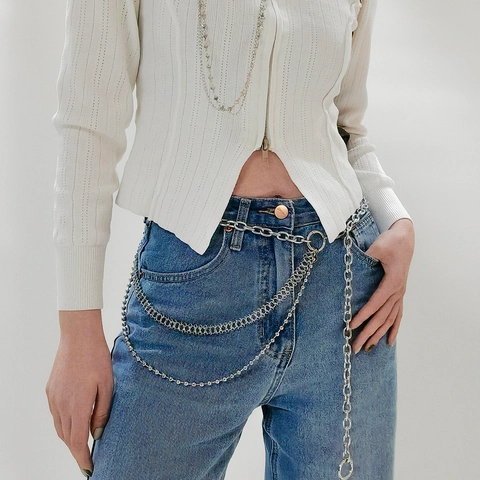 Cadena de Cintura de Metal de Aleación de Varias Capas Punk Cadena de Cuerpo Plateada Cinturón Decorativo Ajustable Para Jeans de Mujer Accesorios