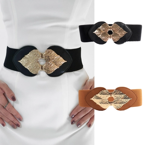 Cintura Corsetto Elastica da Donna Fibbia Foglia Oro Ecopelle Cintura Regolabile per Abiti Decorazione Accessorio Versatile