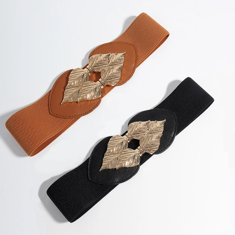 Cintura Corsetto Elastica da Donna Fibbia Foglia Oro Ecopelle Cintura Regolabile per Abiti Decorazione Accessorio Versatile
