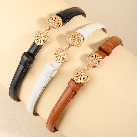 Damen Mode Dünner Taillengürtel Goldene Hohlblumen-Schnalle PU-Leder Verstellbarer Skinny Gürtel Für Kleider Mantel Anzüge Accessoires