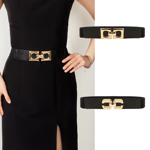 Damen Fashion Elastischer Korsettgürtel Vielseitig Geometrisch Ineinandergreifende Schnalle Breiter Hosenbund Für Kleider PU Leder Legierung Taillengürtel