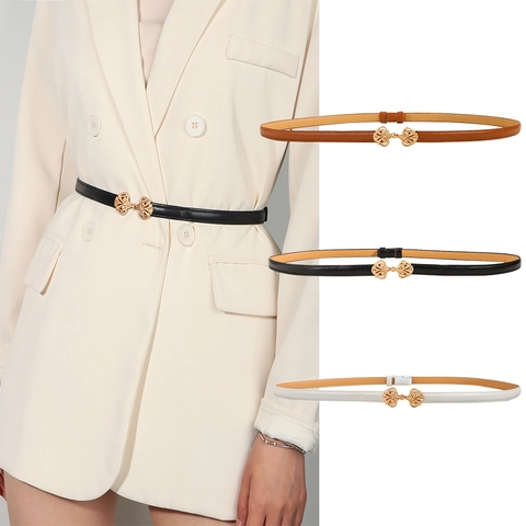 Damen Mode Dünner Taillengürtel Goldene Hohlblumen-Schnalle PU-Leder Verstellbarer Skinny Gürtel Für Kleider Mantel Anzüge Accessoires