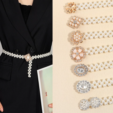 Elegant Artificial Pearl Waist Chain For Women Elastic Decorative Belt With Rhinestone Flower Buckle French Vintage Style Accessory