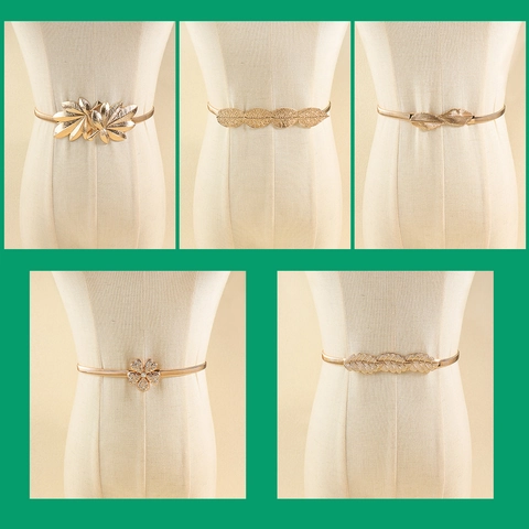 Elegant Women Gold Leaf Elastic Waist Chain Metal Spring Stretch Belt Rhinestone Flower Accessory For Dress Fashion Jewelry