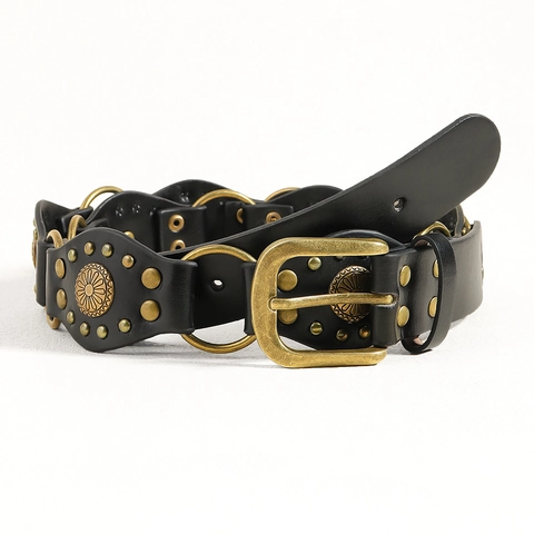 Damen Boho Nieten Breiter Gürtel Western Cowboy Punk Stil Kunstleder Taillengürtel Mit Antiken Metallringen Und Schnallen Dekoration