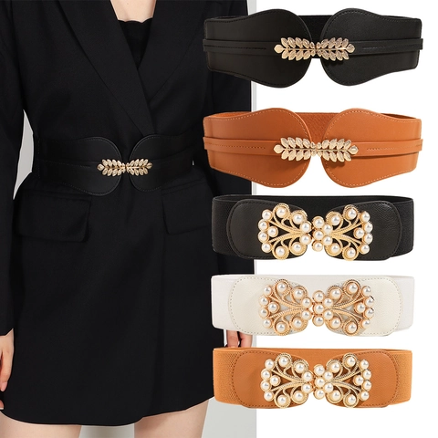 Women Fashion Wide Elastic Cinch Belt Gold Metal Leaf Buckle Artificial Pearl Corset Belt For Dresses Suits Decoration