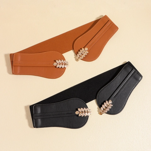 Women Fashion Wide Elastic Cinch Belt Gold Metal Leaf Buckle Artificial Pearl Corset Belt For Dresses Suits Decoration