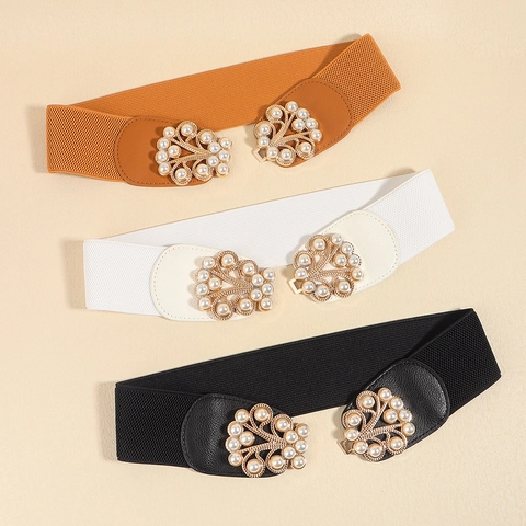 Cintura Corsetto Larga Elastica da Donna Con Elegante Fibbia a Fiori Perla Artificiale Cintura Vintage per Abiti Cappotti