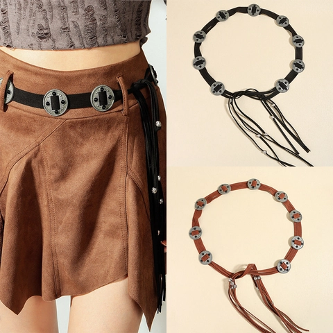 Cintura in Pelle Microfibra Retrò Boho per Donna Con Nappe Concho in Lega Cintura Decorativa per Abiti