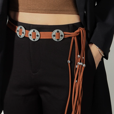 Cintura in Pelle Microfibra Retrò Boho per Donna Con Nappe Concho in Lega Cintura Decorativa per Abiti