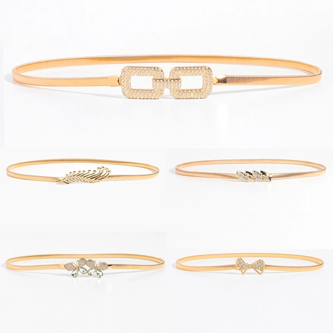 Cintura da Donna in Metallo con Catena in Vita Elastica con Fiocco di Strass Farfalla Foglia Fibbia Elasticizzata Accessorio Gioiello