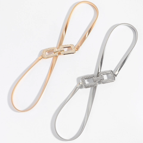 Cintura da Donna in Metallo con Catena in Vita Elastica con Fiocco di Strass Farfalla Foglia Fibbia Elasticizzata Accessorio Gioiello