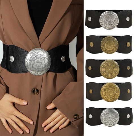 Vintage Floral Engraved Metal Buckle Wide Corset Belt For Women Elastic PU Leather Waist Seal Boho Palace Style Belt