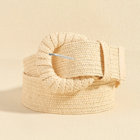Women Bohemian Woven Straw Belt Wide PP Straw Waist Strap With Large Round Pin Buckle For Dresses Summer Daily Vacation Beige
