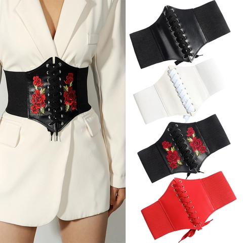 Cintura Corsetto Vintage da Donna Ampia Fascia Elastica Stringivita in Pelle PU Stringata con Ricamo a Rosa per Abiti