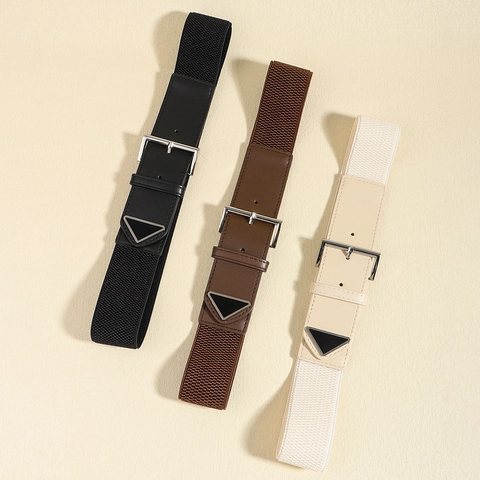 Women Elastic Waist Belt Minimalist PU Leather Splicing Triangle Metal Decoration Fashion Thin Dress Belt Pin Buckle Versatile Accessory
