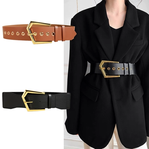 Cintura a Corsetto Larga da Donna Moda in Pelle PU Cinturino Elastico Fibbia in Lega Geometrica Cintura Decorativa per Abito Cappotto