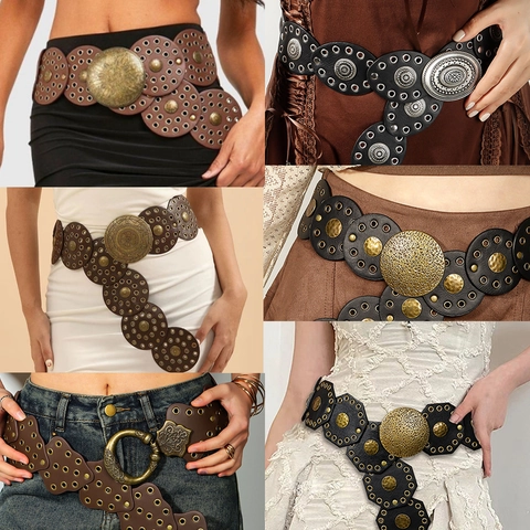 Böhmischer Vintage Western Breiter Gürtel Für Damen Geschnitzte Metallschnalle Hohl PU Leder Taillenkette Korsett Party
