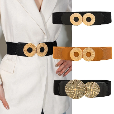 Cinturón de Corsé Elástico para Mujer Con Hebilla Entrelazada de Doble Círculo de Metal Cinturón de Cintura Elástico Ancho de Cuero Sintético para Vestido Traje Abrigo Accesorios