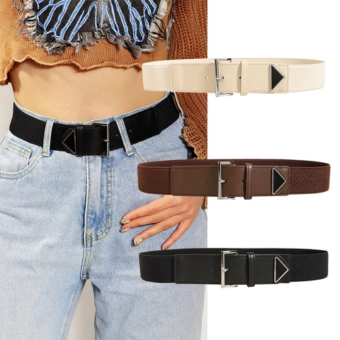 Women Elastic Waist Belt Minimalist PU Leather Splicing Triangle Metal Decoration Fashion Thin Dress Belt Pin Buckle Versatile Accessory