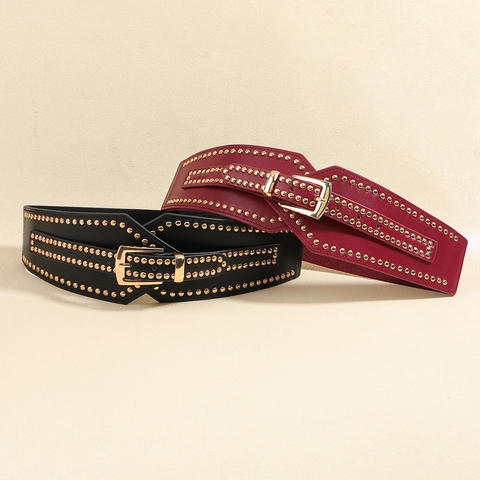Vintage Punk Wide Faux Leather Waist Cinch Belt For Women With Rivet Studded Decoration Adjustable Buckle Retro Corset Waistband