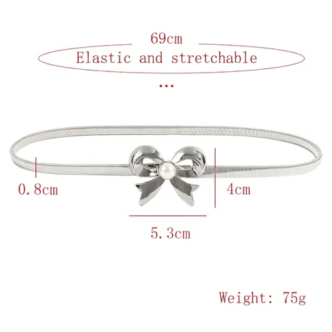 Cintura in Metallo Elastica Elegante da Donna Con Decorazione a Fiocco con Perle Artificiali Catena a Serpente Elastica Argento