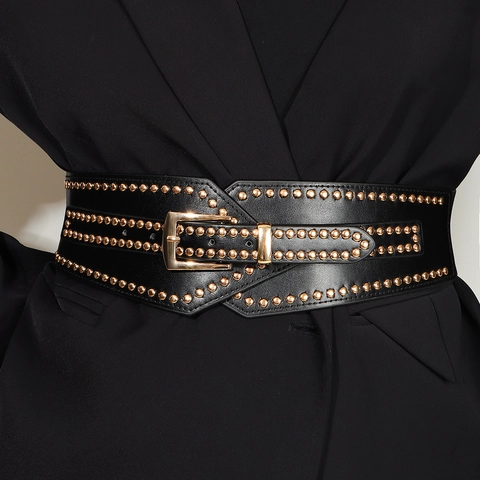 Vintage Punk Wide Faux Leather Waist Cinch Belt For Women With Rivet Studded Decoration Adjustable Buckle Retro Corset Waistband