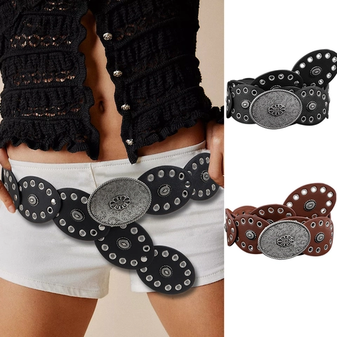 Cinturón Ancho de Cuero PU Retro Bohemio para Mujer Con Hebilla de Metal Grabada Ovalada Remaches Ojales Estilo Wasteland Corsé