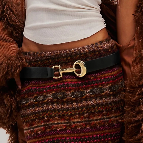 Women Fashion Elastic PU Leather Splicing Belt Minimalist Geometric Metal Horsebit Buckle Waistband Retro Y2K Dress Accessory