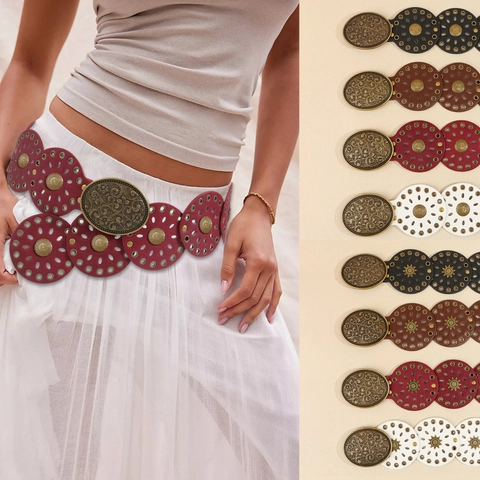 Damen Vintage Bohemian PU Leder Gürtel Mit Großer Metallschnalle Mit Blumenschnitzerei Breiter Ethno Stil Taillengürtel