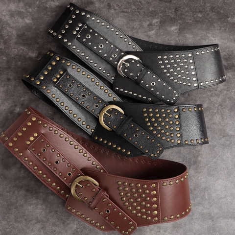 Ceinture Large en Cuir PU Punk Vintage pour Femmes Serre-taille avec Rivets Boucle à Ardillon en Alliage Accessoire de Mode Bohème