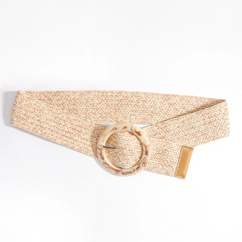 Women Bohemian Wide Woven Belt Round Marble Texture Resin Buckle Summer Straw Look Waist Strap For Dresses Shirt Accessory