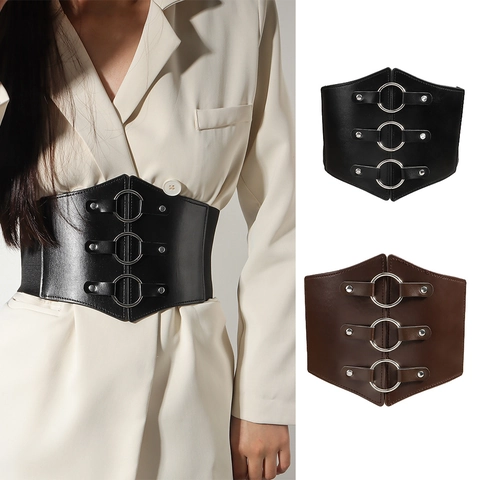Cintura a Corsetto da Donna Moda OL in Similpelle Giuntato Elastico Punk Ampia Fascetta Anello di Metallo Retro Modellamento Corpo Per Abito