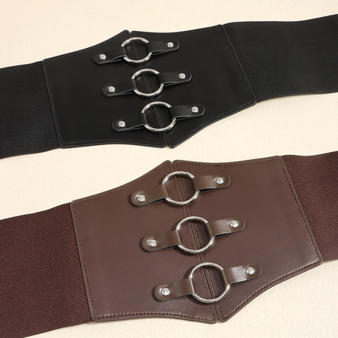 Cintura a Corsetto da Donna Moda OL in Similpelle Giuntato Elastico Punk Ampia Fascetta Anello di Metallo Retro Modellamento Corpo Per Abito