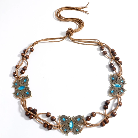Bohemian Hand-woven Waist Rope For Women Vintage Butterfly Wood Bead Ethnic Belt Adjustable String Waist Chain Jewelry