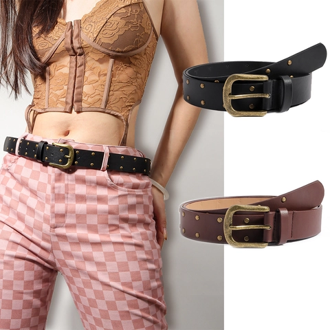 Cintura da Donna in Pelle PU Con Doppia Fila di Borchie Punk Vintage Stile Cintura per Jeans Fibbia ad Ardiglione in Lega Decorativa
