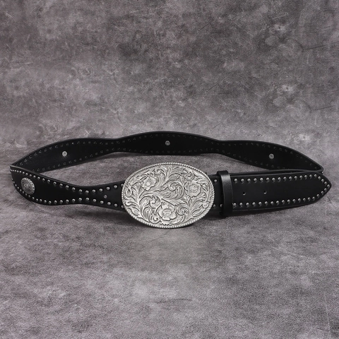 Cintura da Donna in Pelle PU Punk Vintage Bohemien Stile Western Cowboy con Fibbia Ovale a Rilievo Floreale e Rivetti per Jeans