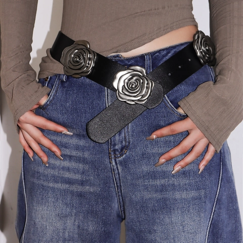 Women's Retro Punk PU Leather Wide Corset Belt With 3 Large Metal Rose Flowers Vintage Elastic Decorative Waistband For Dresses