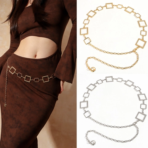 Geometric Square Metal Waist Chain Belt Fashion Decorative Hollow Out Gold Silver Color Body Chain For Women Dress Beach Accessories