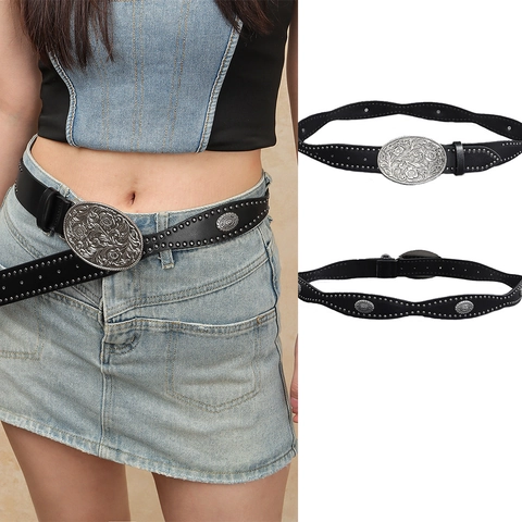 Cintura da Donna in Pelle PU Punk Vintage Bohemien Stile Western Cowboy con Fibbia Ovale a Rilievo Floreale e Rivetti per Jeans