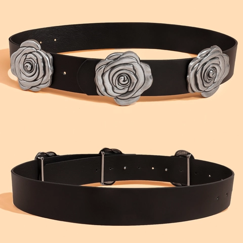 Women's Retro Punk PU Leather Wide Corset Belt With 3 Large Metal Rose Flowers Vintage Elastic Decorative Waistband For Dresses